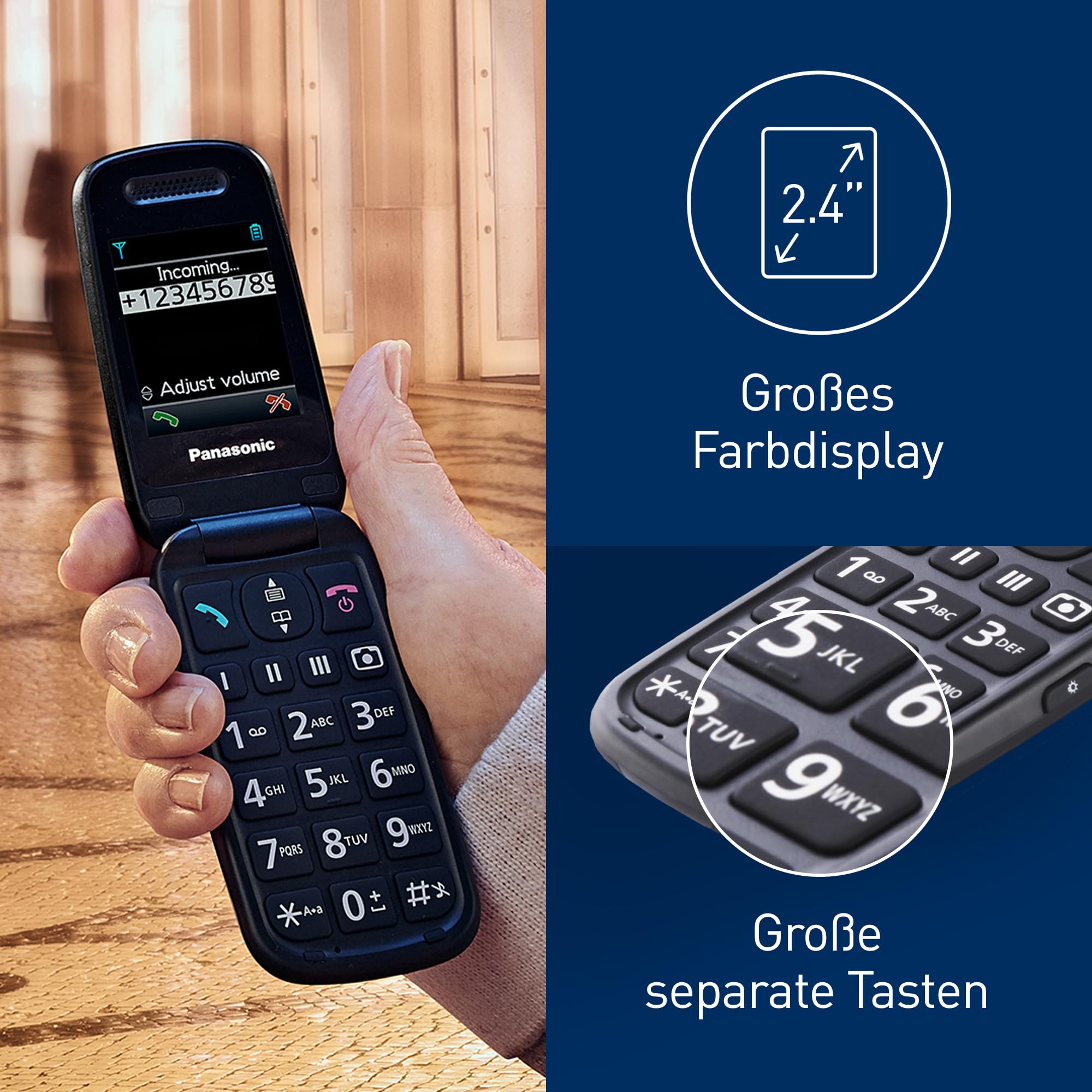 Panasonic KX-TU446EXB 2G Seniorenhandy ohne Vertrag(SOS-Notruftaste, Stoßfest, Sprachverstärker, große getrennte Tasten, große Schrift und Nummernanzeige, 2,4 Zoll Farbdisplay, Klapphandy, Schwarz