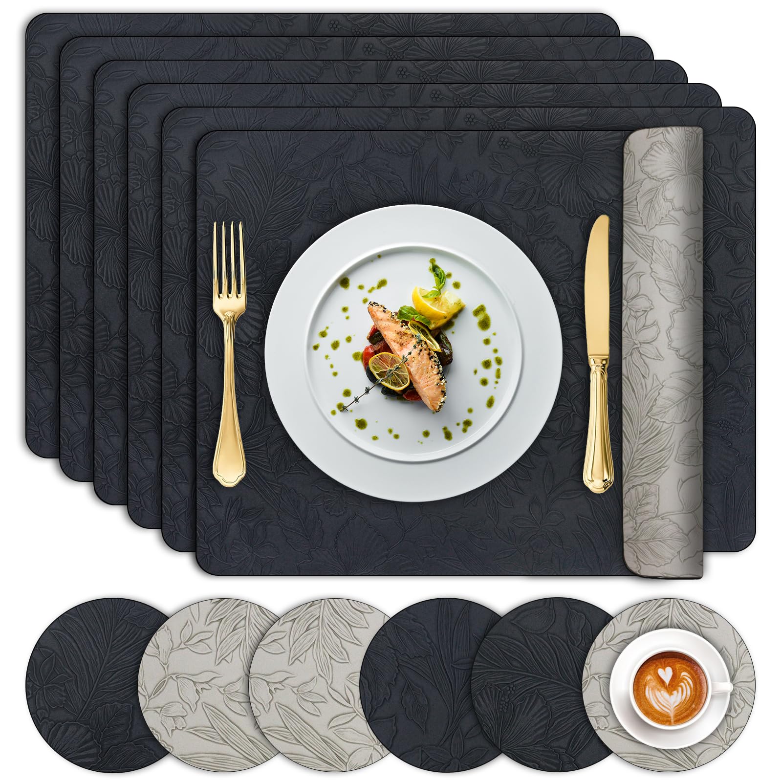 Placemats and Coaster Sets 6, Dual Sided Leather Floral Place Mats 43x30cm Heat Resistant Washable and Non Slip, Stain Resistant Wipe Clean Coffee Table Mat for Kitchen Indoor Outdoor Party,Black Grey