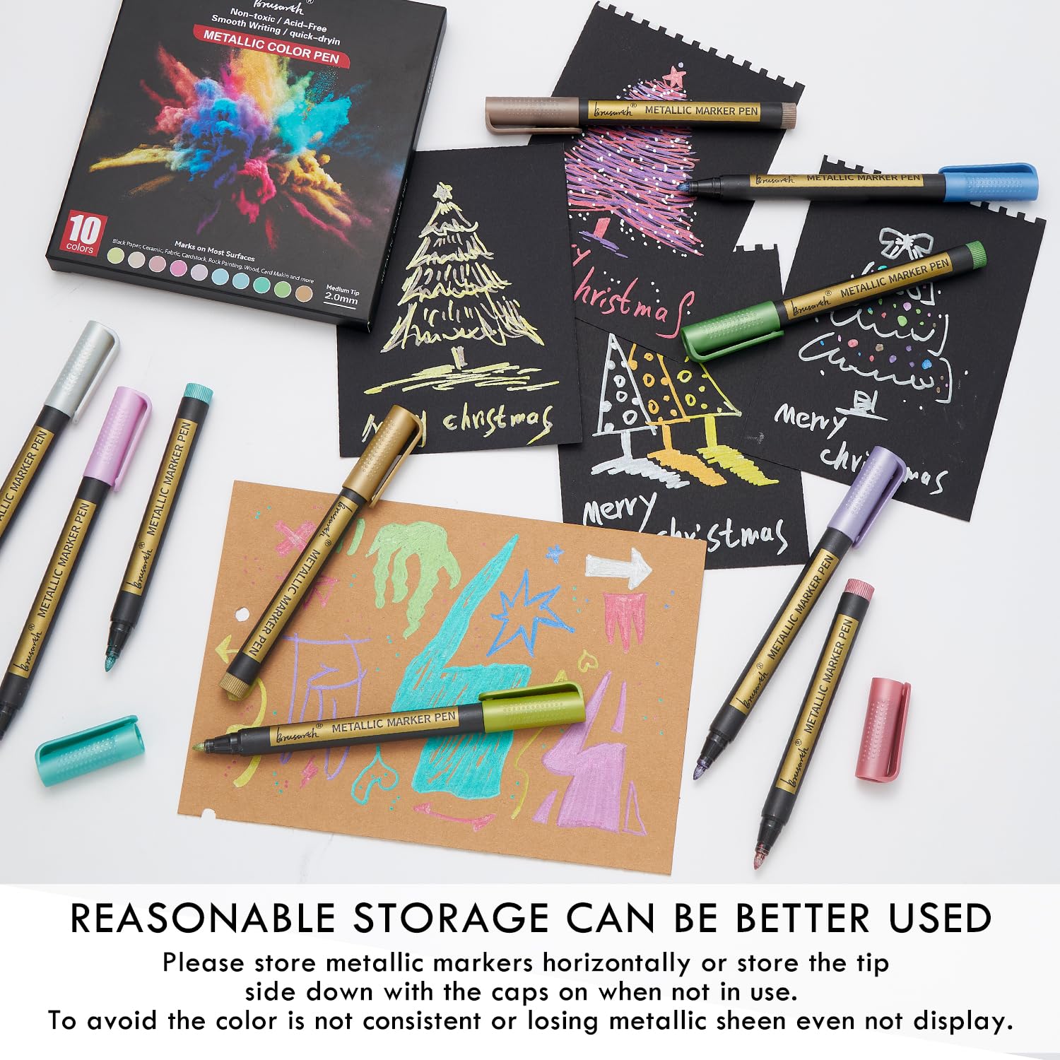 Metallic Marker Pens, 10 Colors Fine Tip Acrylic Paint Pens for Black Paper, Scrapbooking, Photo Album, Rock Painting, Paint Marker for DIY Arts & Crafts, Glass, Wood, Card Making, Scrapbook Supplies