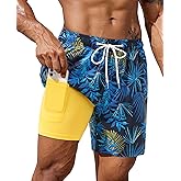 Gleeease 7inch Mens Swim Trunks: with Compression Liner Zipper Pocket Drawstring Quick Dry Stretch Lined Palm Tree Beach Pool