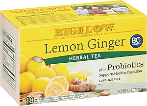 Bigelow Tea Lemon Ginger plus Probiotics Herbal Tea, Caffeine Free Tea, 18 Total Tea Bags (Pack of 1)