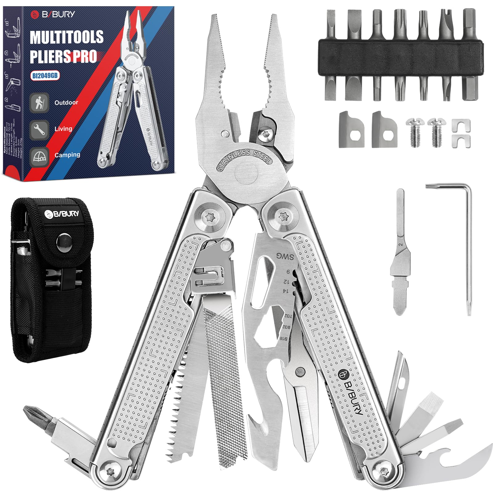 BIBURY Multitools, Men's Gifts, Multi Tool Foldable Pliers with T-Shank Tool, Strap Cutter, Stainless Steel Multitools Ideal for Camping, Repairing, Gift for Dad Men - Pro - BI2049GB-N