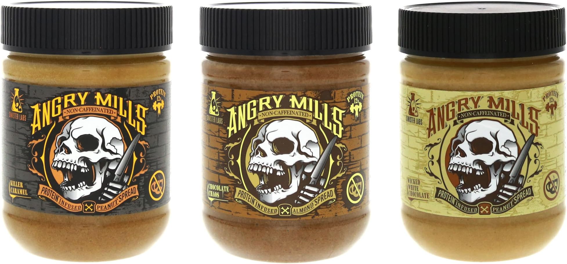 Sinister Labs Angry Mills Protein Infused Spread Variety Pack/Non-Caffeinated 3-12 oz Tubs