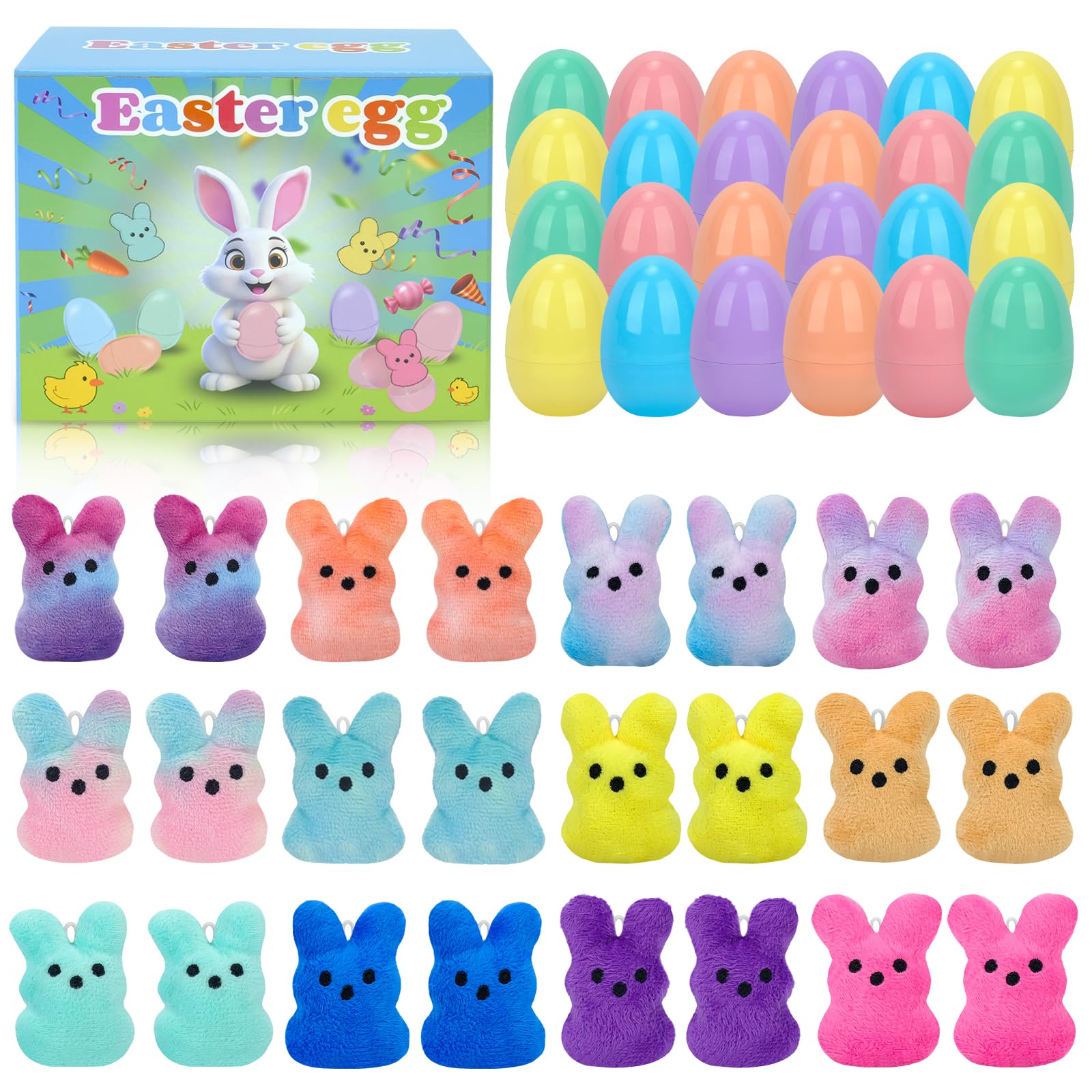 NFOVSMO 24 Pcs PreFilled Easter Eggs with Plush Bunny Toys,bunny keychain Decoration Stuffed Toys, Perfect for Kids Girls Boys Easter Eggs Hunt Easter Basket Stuffers Party Favors Gifts
