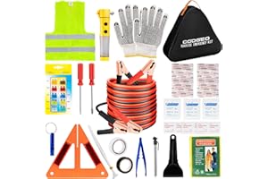 COOGEO Roadside Assistance Emergency Kit, Complete Car Emergency Kit with Jumper Cables, Flashlight Safety Hammer, Warning Triangle, Car Safety Kit for Women, Men, Teenagers, 53pcs