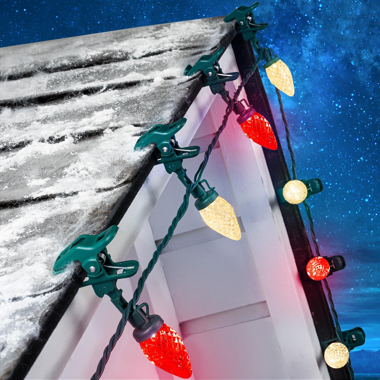 Photo 1 of C9 LED Christmas Lights Outdoor, 68 Ft 100 LED Strawberry String Lights With 100 Spring Clamps, Waterproof Commercial Grade Extendable for Outside Roofline Patio Home Xmas Decoration, Red & Warm White