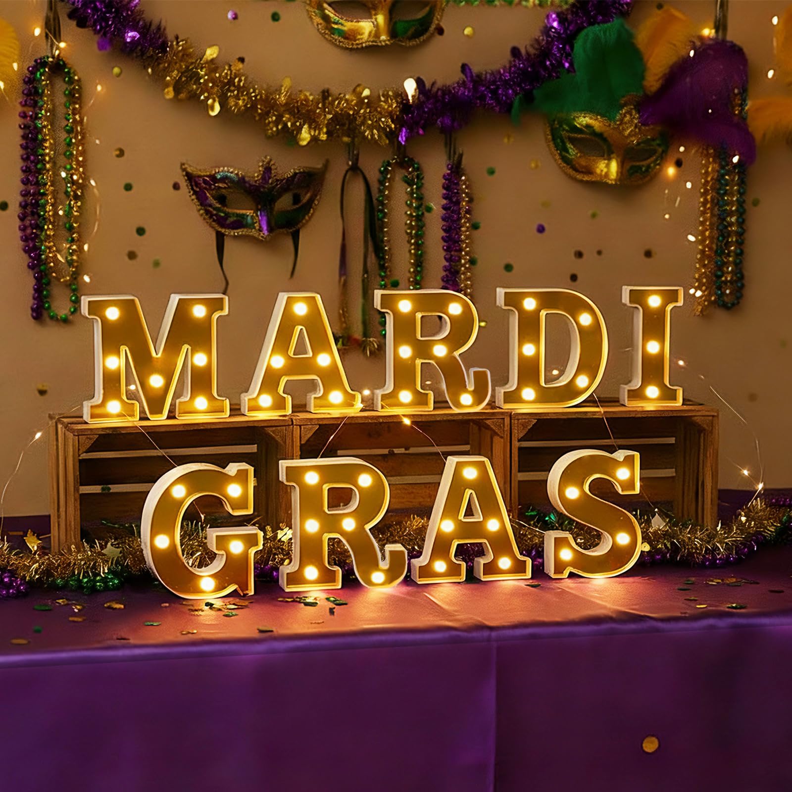 Photo 1 of 9Pcs Mardi Gras Light Up Letters, Mardi Gras LED Letters Lights, Battery Powered Marquee Light with Golden Mirror Surface for Mardi Gras Table Decorations Party - Mardi Gras Party Decor Table Centerpieces Wall Sign