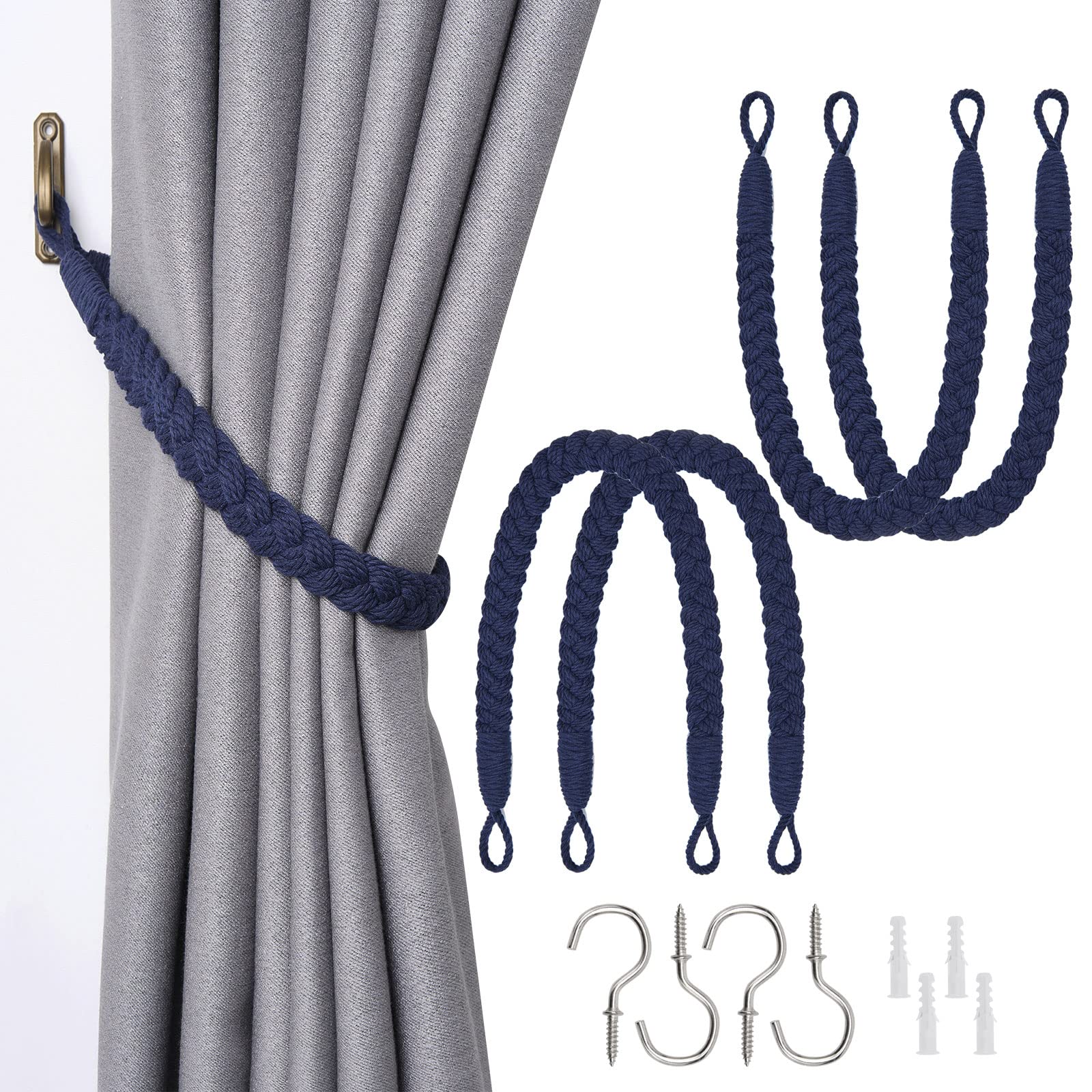 Pretty Jolly 4 Pack Natural Cotton Rope Curtain Tiebacks Elegant Boho Style Decorative Drape Tie Backs Soft Hand-Woven Rope Curtain Holdbacks with Metal Hook for Home & Office Drapery (Dark Blue)