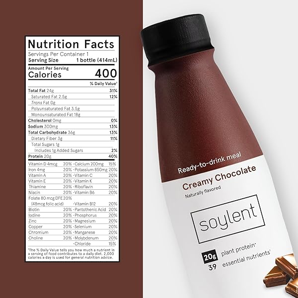 SOYLENT COMPLETE MEAL REPLACEMENT SHAKE, CREAMY CHOCOLATE, 20G COMPLETE PROTEIN, 28 VITAMINS & MINERALS, LOW SUGAR, 14OZ (SINGLE BOTTLE)