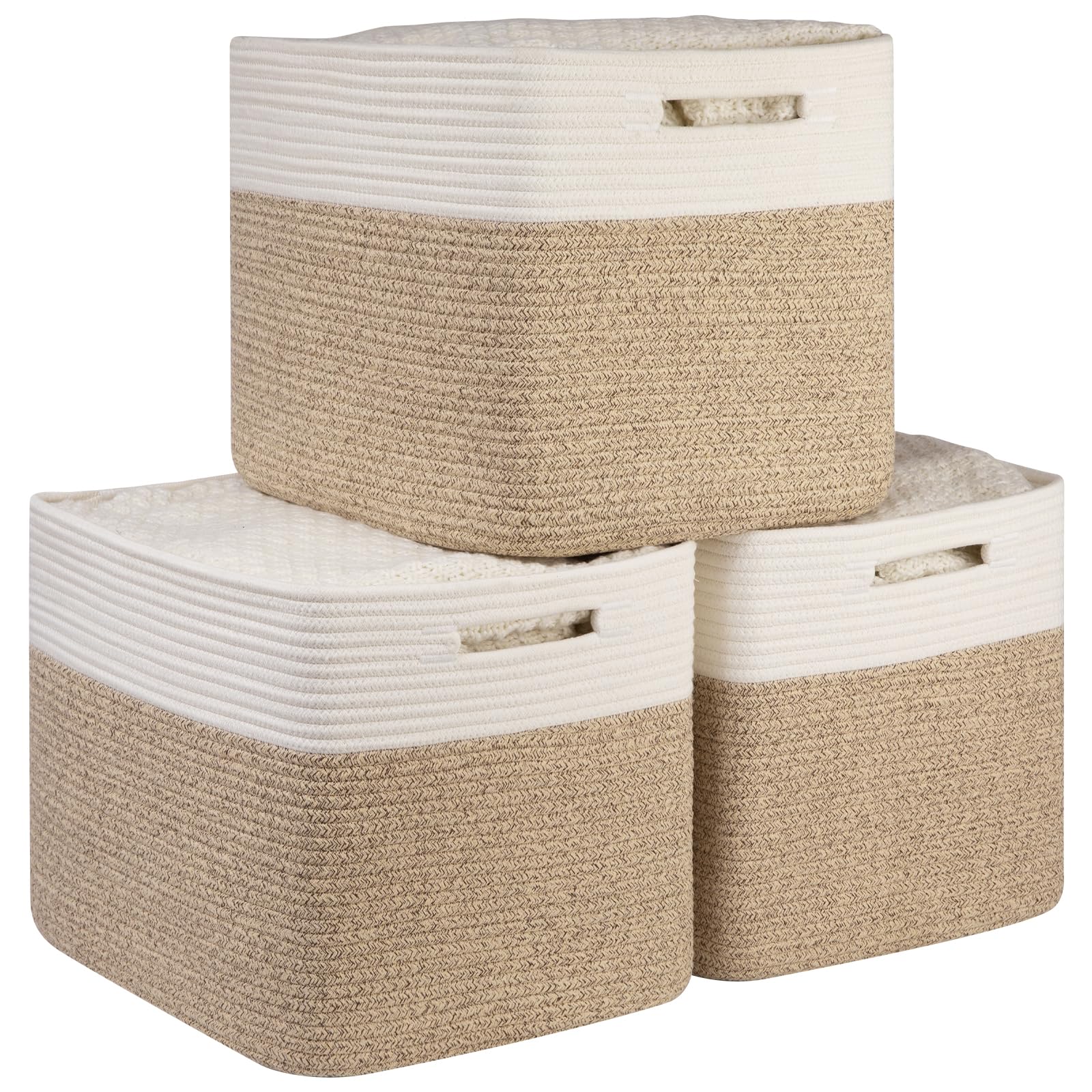 Photo 1 of OIAHOMY 13 Kallax Inch Cube Storage Bins, 3-Pack Cotton Rope Woven Baskets for Organizing, Kallax Insert Storage Baskets for Shelves, Baby Nursery, Closet Organizer, 15*13*12.6IN, Brown & White