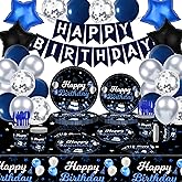 219Pcs Navy Blue Birthday Party Supplies Happy Birthday Party Decorations for Men Boys Blue Plates Napkins Cups Tableware Set Banner Tablecloth Confetti Balloons, Serves 24