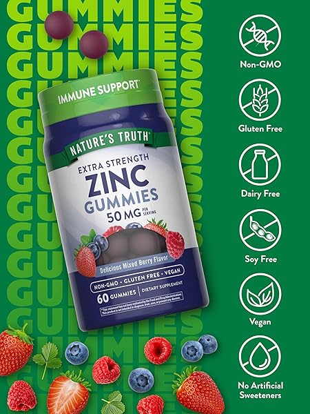 NATURE’S TRUTH ZINC GUMMIES FOR ADULTS | 50 MG | 60 COUNT | VEGAN, NON-GMO & GLUTEN FREE EXTRA STRENGTH SUPPLEMENT | MIXED BERRY FLAVOR