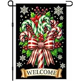IVN Christmas Candy Cane Garden Flag 12x18 Inch Double Sided Red and Green Christmas Bow with Pine Cones and Welcome Text Outdoor Yard Flag for Outside Home Front Door Lawn Porch Patio Welcome Decor