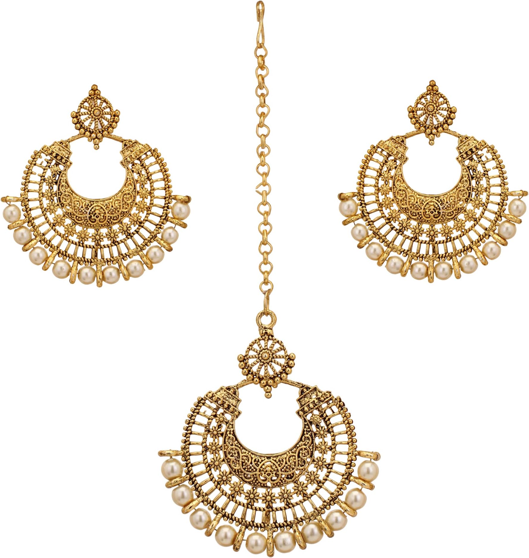 ZIKU JEWELRYGolden Gold Plated Base Metal White Pearl Beaded Base Metal Earring Set with Maang Tika for Women (Gold)