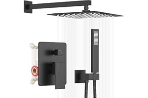 ESNBIA Shower System, Black Shower Faucet Set with Shower Head and Handle Set, 10 Inches Rain Shower Head with Handheld Spray Combo, High Pressure Shower Head Set with Shower Valve, Matte Black