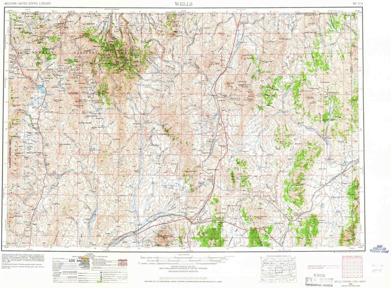 Wells NV topo map, 1:250000 Scale, 1 X 2 Degree, Historical, 1955, Updated 1966, 22.2 x 32.2 in