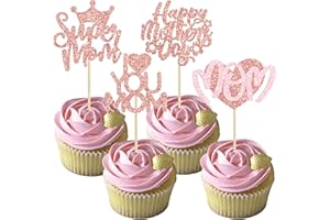 Gyufise 24Pcs Happy Mother's Day Cupcake Toppers Glitter Heart Super Mom Love You Mom Cupcake Picks for Happy Mother's Day Theme Women Birthday Party Cake Decorations Supplies Rose Gold