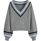 CIDER Cable Knit Sweater Women V Neck Long Sleeve Pullover Striped Trim Regular Fit Knit Top Fall Sweaters