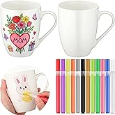 Mifoci 2 Sets Paint Your Own Mug Kits Ceramic Mug Painting Kit for Kid Adults Paintable Mugs Includes 2 Coffee Cups and 12 Markers