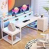 EnHomee 70.9" L Shaped Gaming Desk with Drawers Reversible L Shaped Computer Desk with Power Outlet & LED Lights White Home O