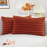 decorUhome Cozy Faux Fur Throw Pillow Covers 12x20 Set of 2 Decorative Soft Plush Striped Lumbar Modern Farmhouse Boho Couch Pillow Cases with Velvet Back for Sofa Bed Living Room, Rust