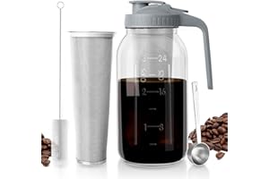 CNSNDQEDKE Cold Brew Coffee Maker, 64 oz Wide Mouth Mason Jar Pitcher with Stainless Steel Filter, Pour Spout Handle Lid, Heavy Duty Glass Airtight & Leak-Proof Pitcher for iced coffee & Tea Lemonade
