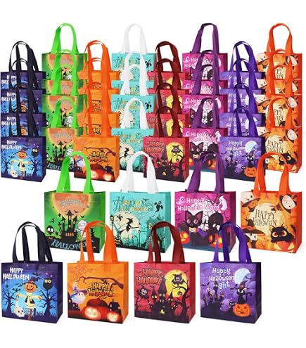 AhfuLife 8-Pack Halloween Trick Or Treat Bags – Reusable Non-Woven Candy Tote Bags With Handles (7.9x7.9x3.15 Inch)