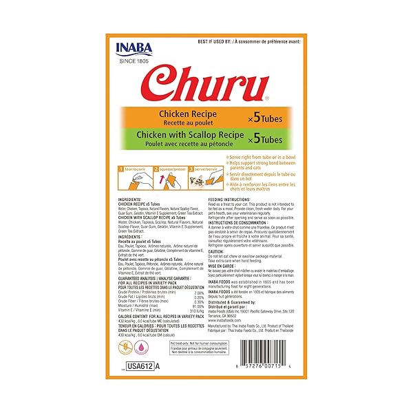 INABA CHURU CAT TREATS, GRAIN-FREE, LICKABLE, SQUEEZABLE CREAMY PURÉE CAT TREAT/TOPPER WITH VITAMIN E & TAURINE, 0.5 OUNCES EACH TUBE, 10 TUBES TOTAL/TWO FLAVORS, CHICKEN VARIETY
