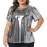 Agnes Orinda Women's Plus Size Metallic Tops Crew Neck Short Tulip Sleeve Party Blouses Disco Sparkly Tee Tops