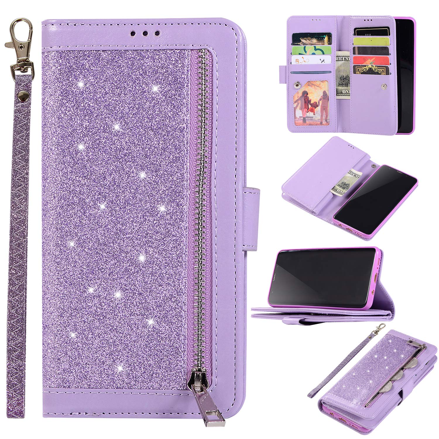 EYZUTAK Wallet Case for Samsung Galaxy S9 Plus,Magnetic Handbag Zipper Pocket PU Leather Flip with 9 Card Slots and Wrist Strap Folio TPU Inner Stand Case for Samsung Galaxy S9 Plus - Purple