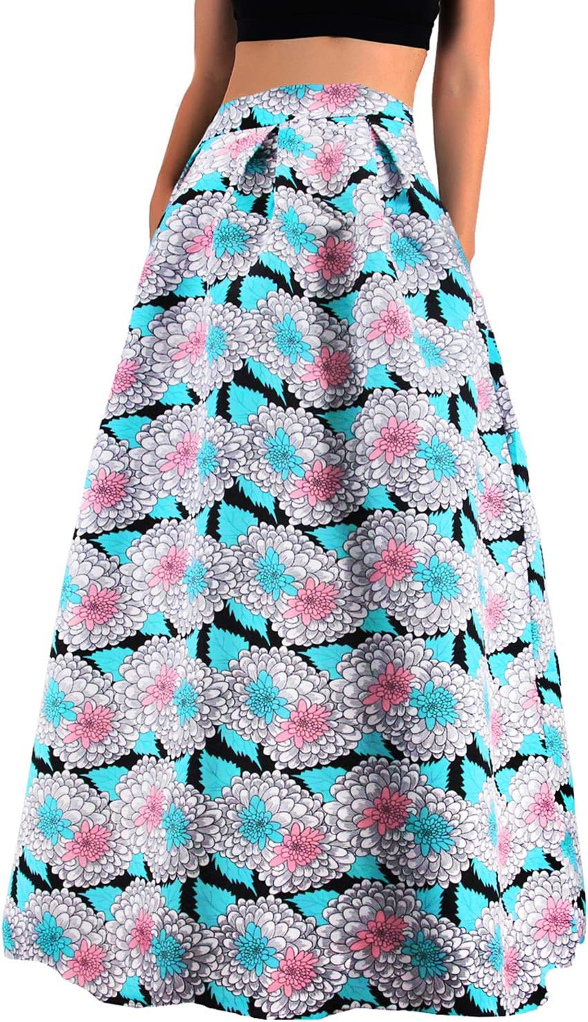 Hoohu Womens Bohemian African Floral Print High Waist Pleated Hem Full/Ankle