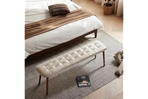 Wayshome 51.2'' Leather Upholstered Dining Bench with 100% Solid Oak Wood Bench Frame, Checkered Stitched Padded Cowhide Bed End Bench Ottoman for Kitchen Living Room Bedroom Entryway, Beige