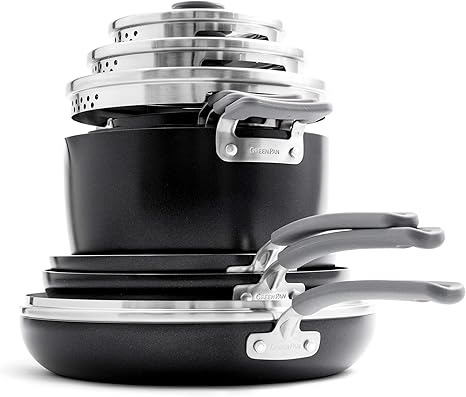 Amazon Com Greenpan Levels Essential Stackable Ceramic Nonstick Cookware Pots And Pans Set 10 Piece Black Kitchen Dining