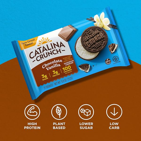 CATALINA CRUNCH PROTEIN COOKIES, 4G PROTEIN PER SERVING – LOW-SUGAR SANDWICH COOKIES – GLUTEN FREE, VEGAN – KETO DESSERT SNACKS – CHOCOLATE VANILLA, 8.9 OZ. (21 COUNT)