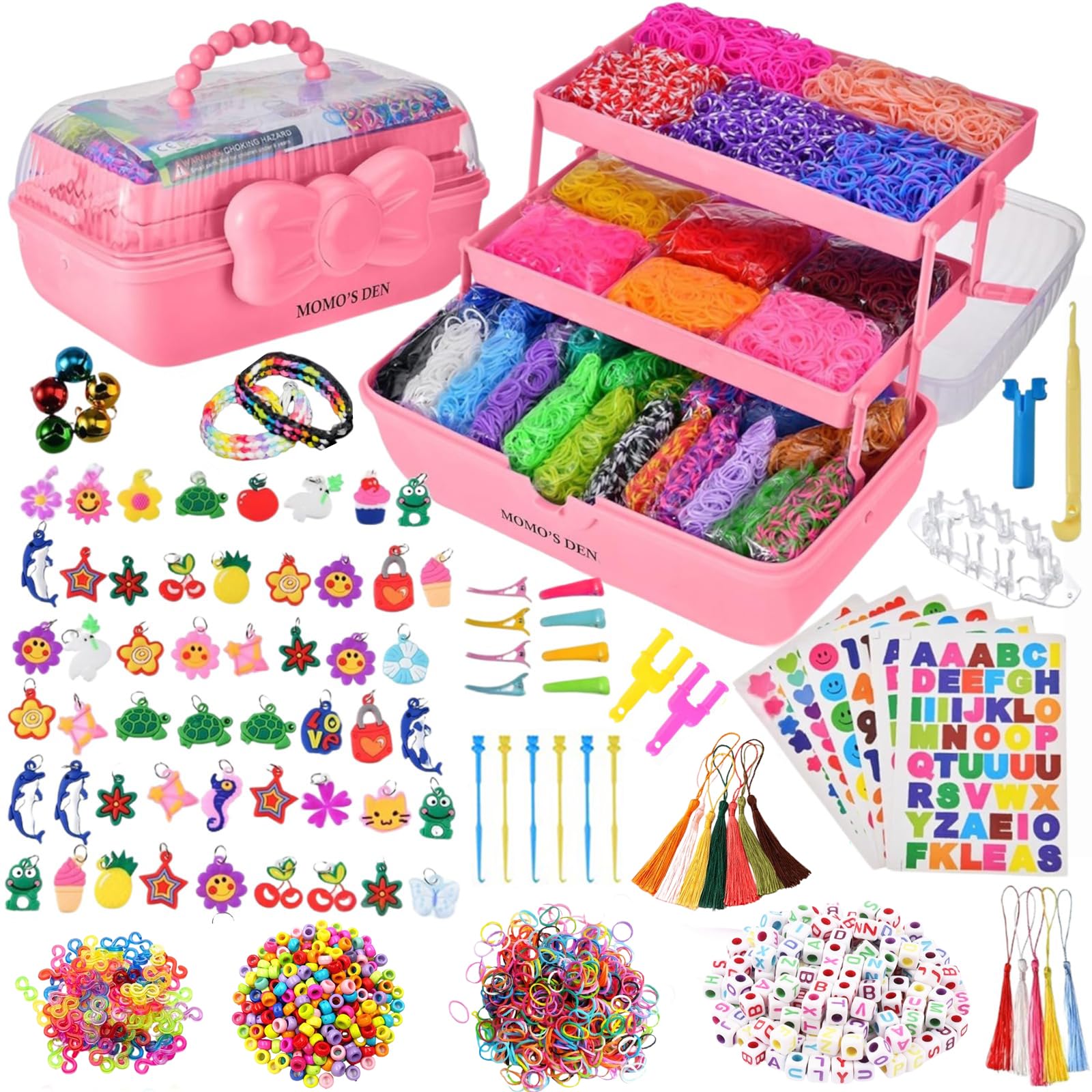 Momo's Den 17000+ Loom Band Kit - 32 Vibrant Colors Loom Bands, Bracelet Making Set with Charms, Tools & 3-Layer Storage Box โ DIY Arts & Crafts Gift for Girls & Boys