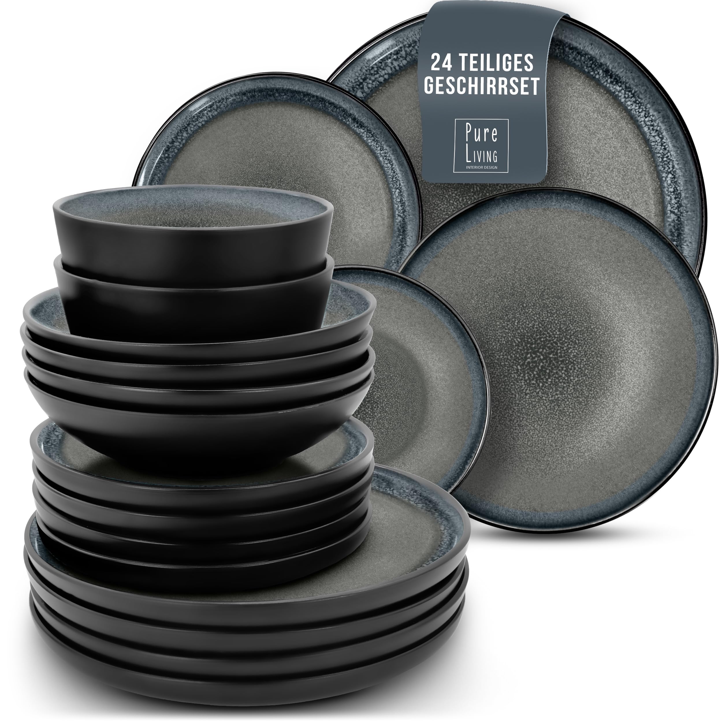 Steingut Geschirrset 6 Personen Ibiza 24 tlg. TESTSIEGER, Traumhaftes Mediterranes Steingut Geschirr Set, Schüssel- und Teller Set, Tafelservice 6 Personen, Geschirrsets Pure Living in Grau