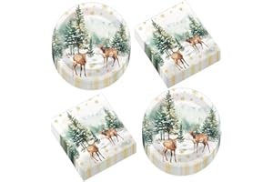 CHUNNIN 50Pcs Christmas Reindeer Paper Plates and Napkins Watercolor Deer Snow Pine Trees Snowflakes Table Decoration Winter Woodland Disposable Tableware Set 25 Guests Xmas Holiday Birthday Party Supplies