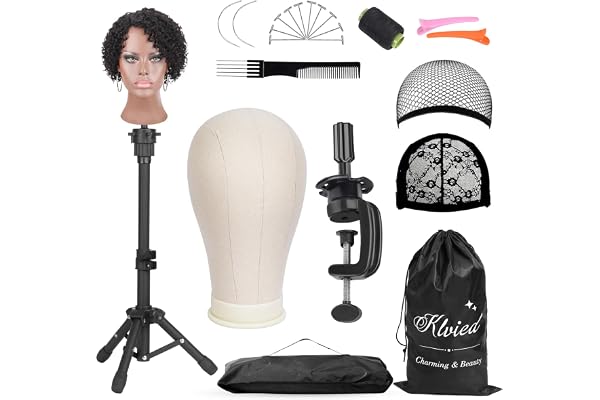 Klvied Desktop Wig Stand Set with 22 Inch Cork Canvas Head, Adjustable 15.4-22.4 Inch Stand, Table Clamp Wig Holder for Wig D