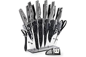 nuovva Professional Kitchen Knife Set with Block - Granite 18 Pcs with Knives Sharpener Peeler and Scissors - Clear Acrylic Block High Carbon Stainless Steel Blades Wood Affect Handle