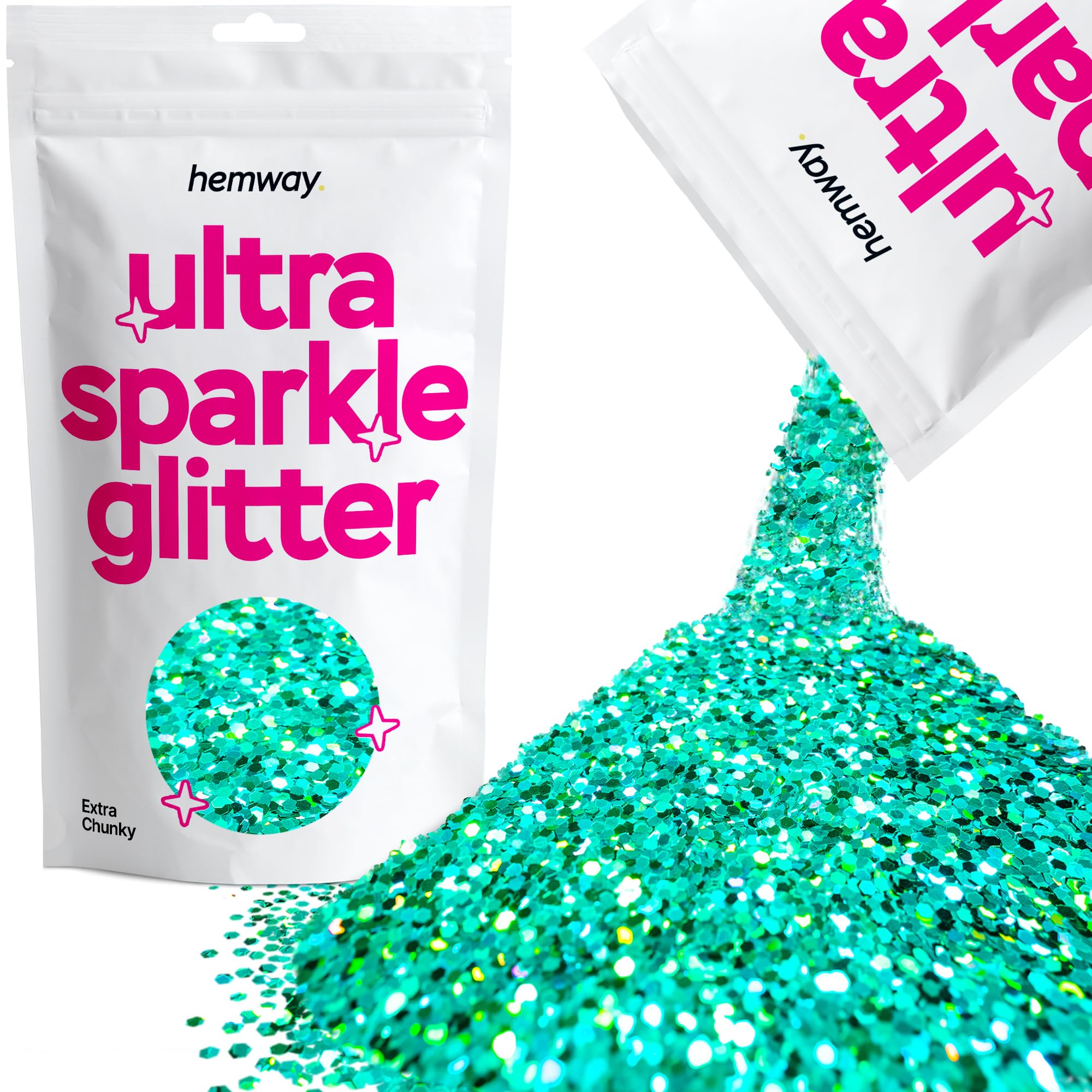 Hemway Ultra Sparkle Glitter Turquoise Blue Holographic 100g Extra Chunky | Glitter for Arts & Craft, Makeup, Nail Art, Crafting, Card Making, Sparkle Decoration