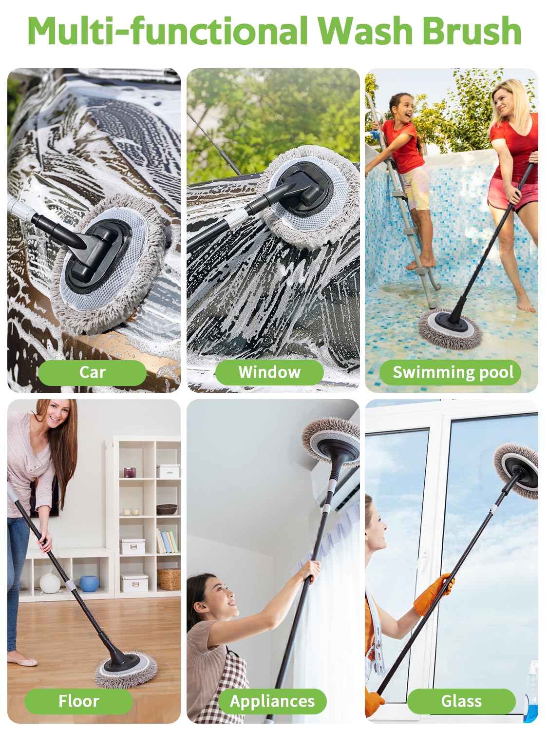 YYBAO Autowaschbürste mit Radbürste, 120CM WaschbürsteAuto mit Stiel, 120° Drehbare Reinigungsbürste Auto mit Austauschbaren Mikrofaser-Wischmoppkopf, Reinigungsbürste für Auto, LKW, Wohnmobil 4