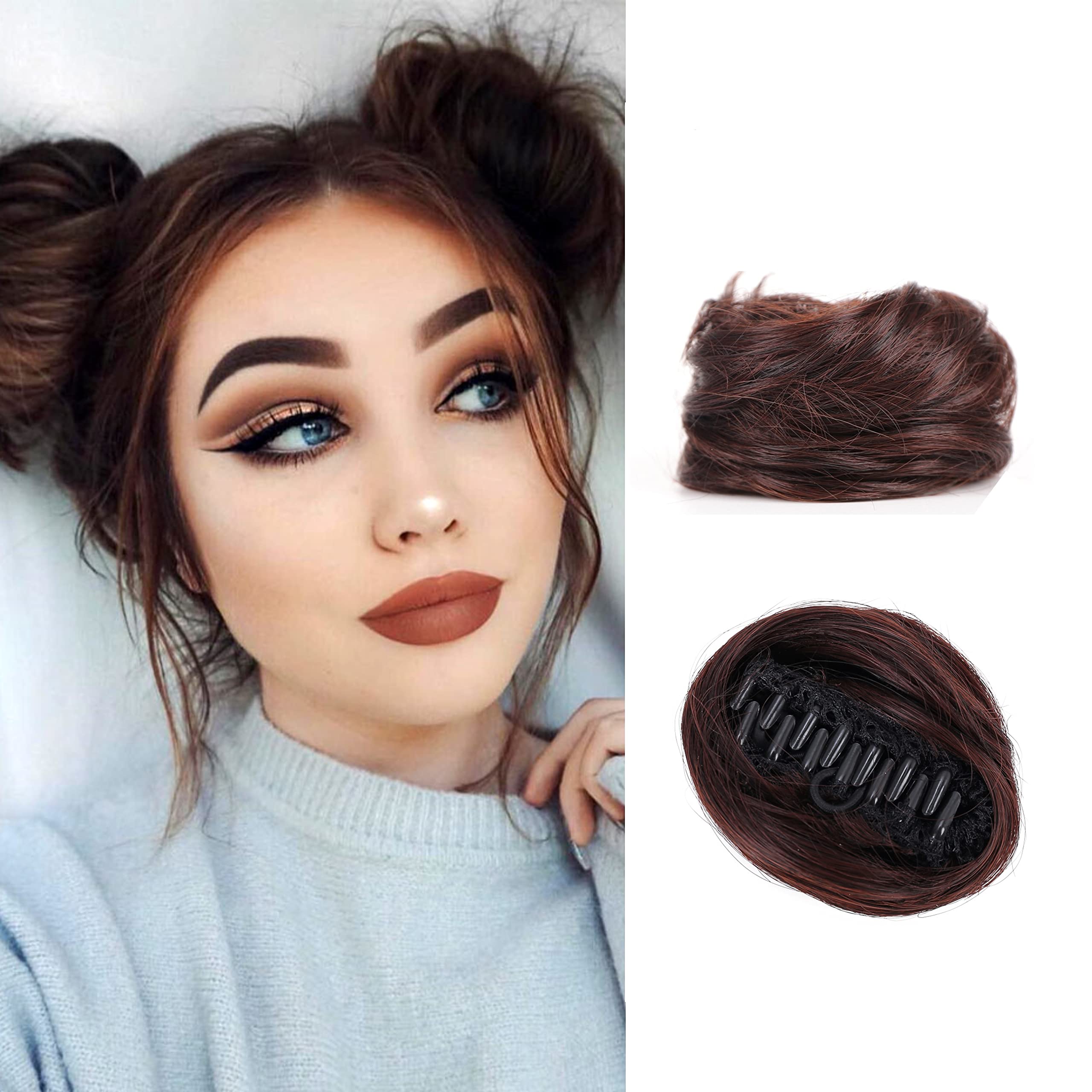 SJZDYLXY 2PCS Space Bun Claw Clip in Buns Donut Chignon Cat Ears DIY Hair Buns Updo Hairpieces Hair Extensions Wig Accessory for Women Girls (Dark Brown)