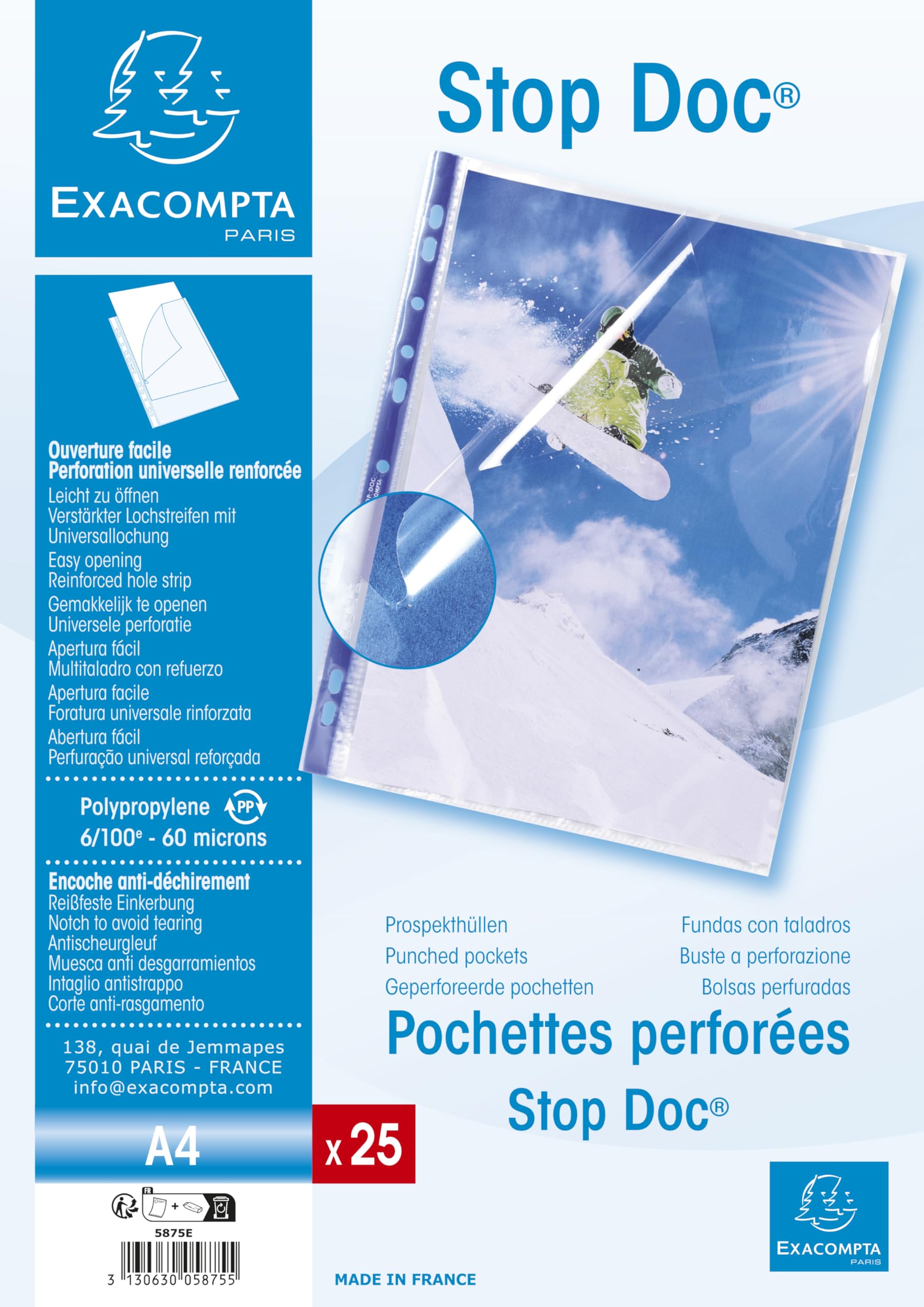 Exacompta - Ref 5875E - Stop Doc Corner Opening Punched Pockets (Pack of 25) - Suitable for Storing A4 Documents, Made From 60 Micron Clear Polypropylene - Corner Opening