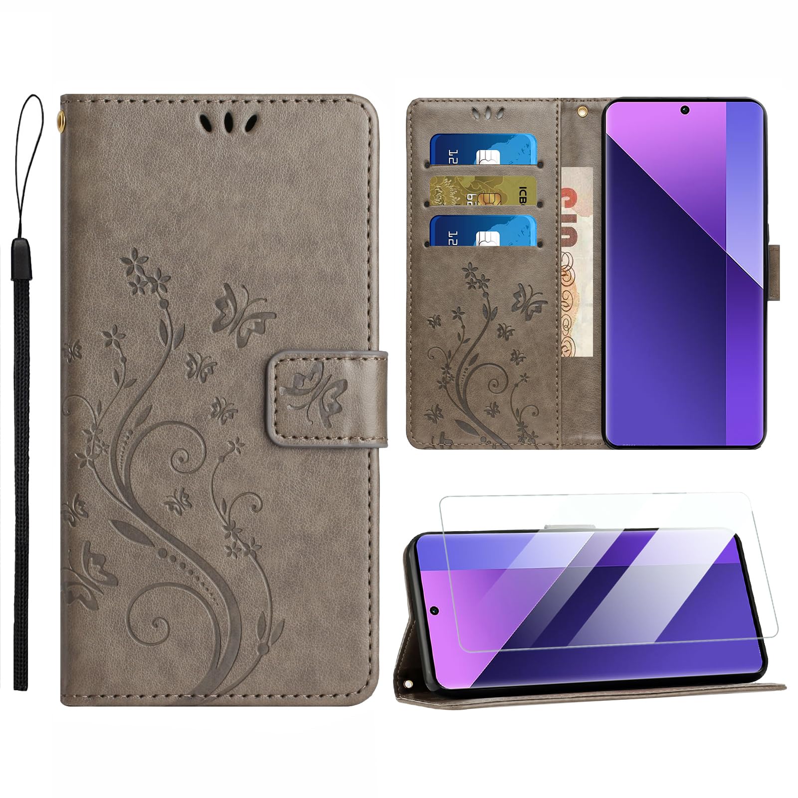 ANSHOW for Honor 200 Lite Wallet Case with Wrist Strap, with Screen Protector, Flip Leather Case with Cards Holder Phone Case with Kickstand Cover, Gray — image 1