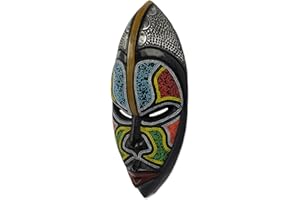 NOVICA Blue Yellow Red African Sese Wood Wall Mask with Aluminum Accents and Glass Beads, Bantu Zulu'
