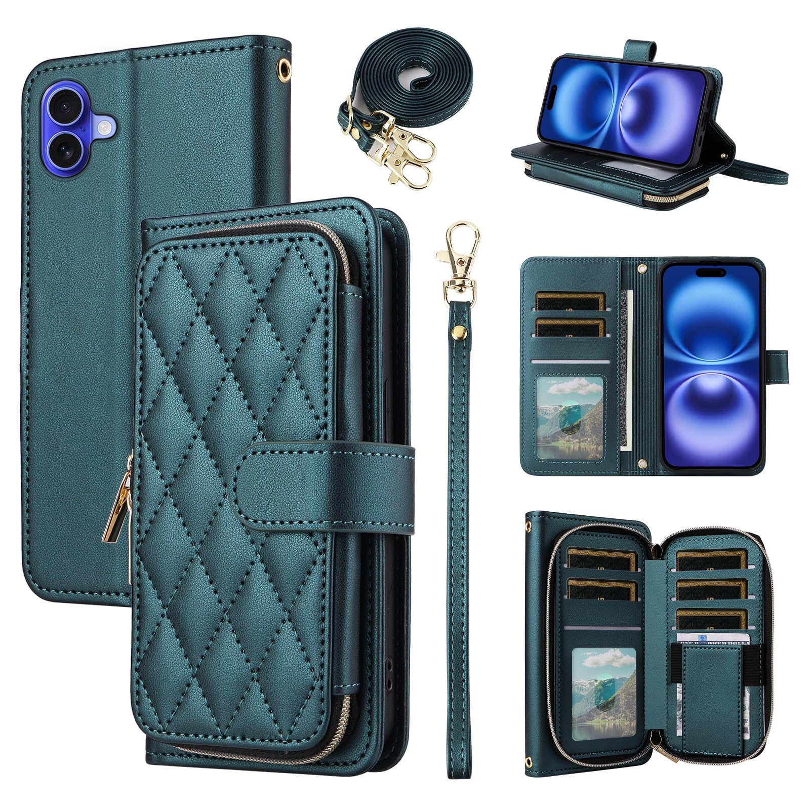 Furiet Argyle Wallet Case Compatible with iPhone 16 6.1 inch with Wrist Strap Shoulder Strap, 9+ Card Slots Zipper Purse Luxury PU Leather Stand Cell Phone Cover for i Phone16 i16 16Case Green