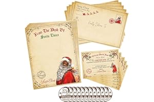 GENERIC AnyDesign 25Pcs Christmas Vintage Official Letters Certificates from Black Santa Claus Set Include 5Pcs Retro Writing Letter 5Pcs Nice List Certificate 5 Envelopes 10 Stickers for Party Favors