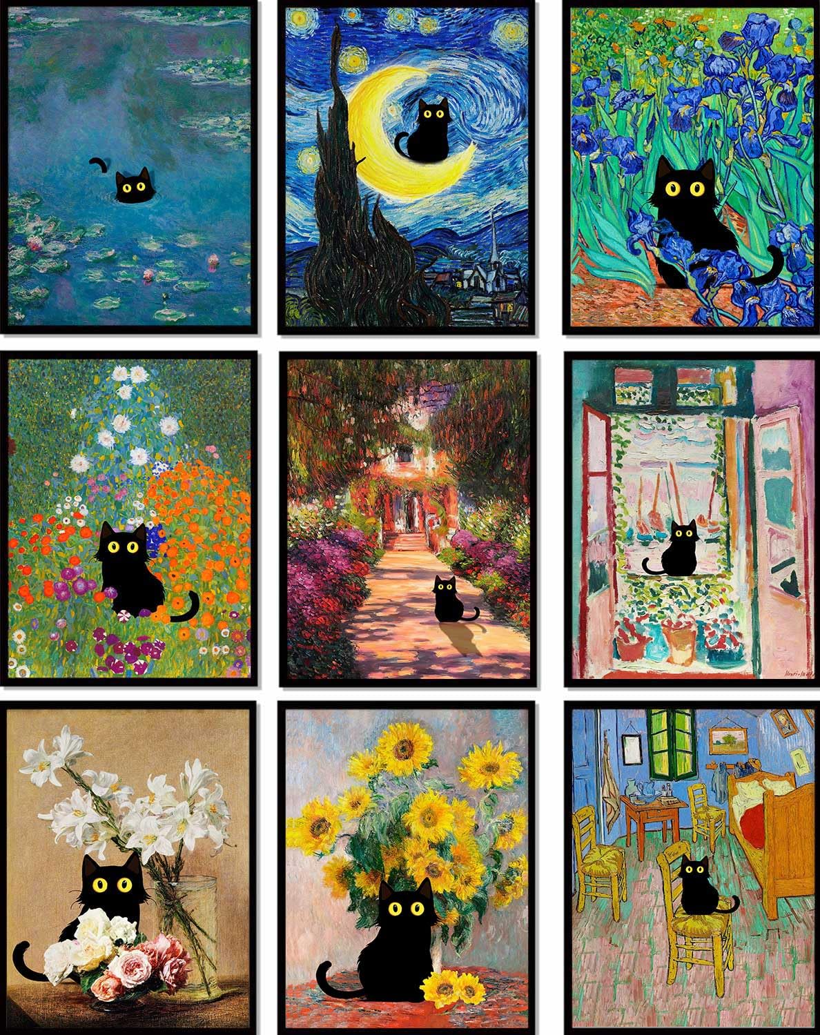 Photo 1 of 9Pcs Funny Black Cat Wall Art Cats in Famous Paintings Posters Prints Vintage Gallery Wall Decor Pictures Eclectic Cute Preppy Aesthetic Room Decor,Unframed