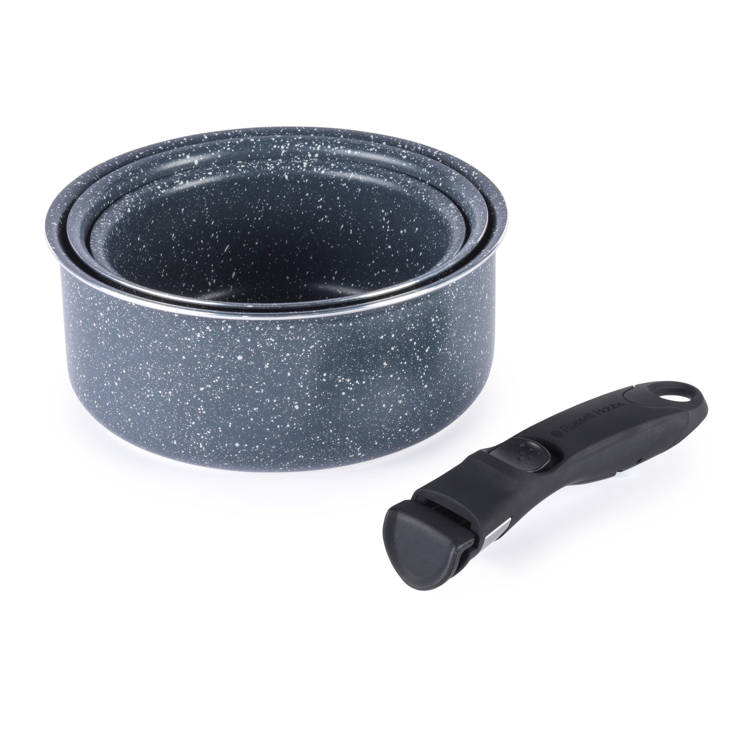 Russell Hobbs Nightfall Stone 3pc Saucepan Set – Smart Clip Non-Stick Pans, 16cm, 18cm, 20cm, Stay Cool Detachable Handle, Oven to Hob to Table Cooking, Space Saving Stackable Cookware