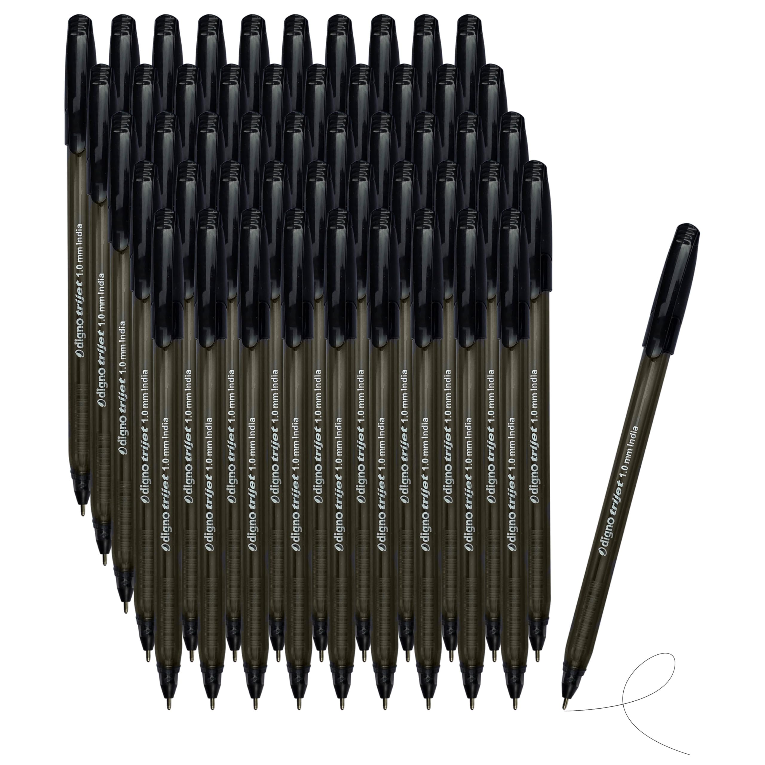 DIGNO Trijet Ballpoint Pens, BLACK, Medium Point (1.0mm), Pack of 50, Multipack, Smooth Ball Pens, Triangular Grip, School Office Home Business Use